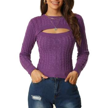 Seta T Women's Cut Out Front Cable Knit Long Sleeve Crop Pullover Sweater