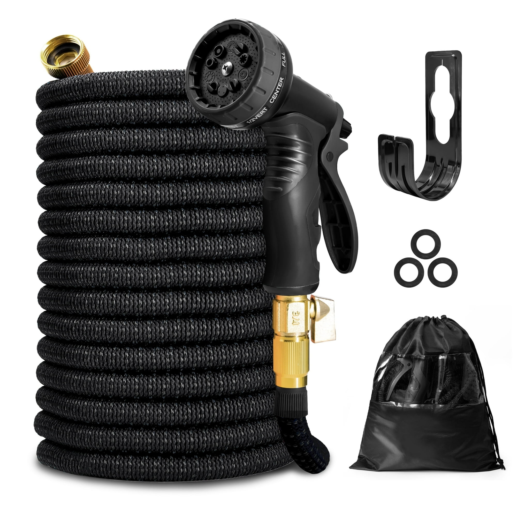 KOTTO Expandable Garden Water Hose, 10 Spray Nozzles, Anti-Rust Solid Brass Connector, Lightweight No-Kink Flexible - Black 100ft