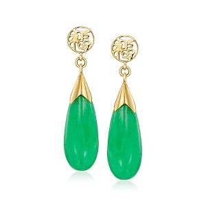 Ross-Simons Jade "Good Fortune" Drop Earrings in 14kt Yellow Gold - 1 of 3