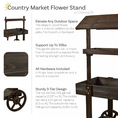 Charred Fir Wood 3-Tier Wheeled Flower Cart Display Stand