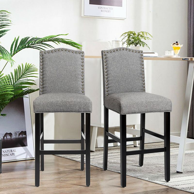 Costway Set of 2 Bar Stools 30'' Upholstered Kitchen Rubber Wood Full Back Chairs Gray, 2 of 11