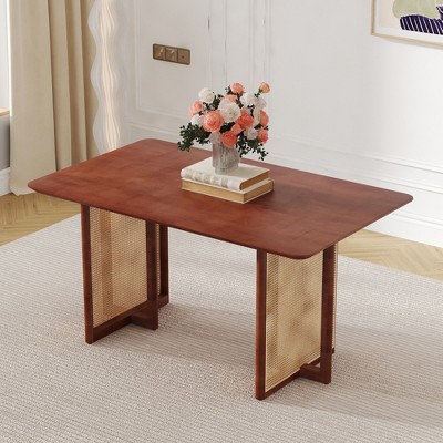 NicBex Modern Minimalist Dining Table Coffee Table with Deep Wood Grain Table Top, Black Metal/ Rattan Legs, for Home & Office