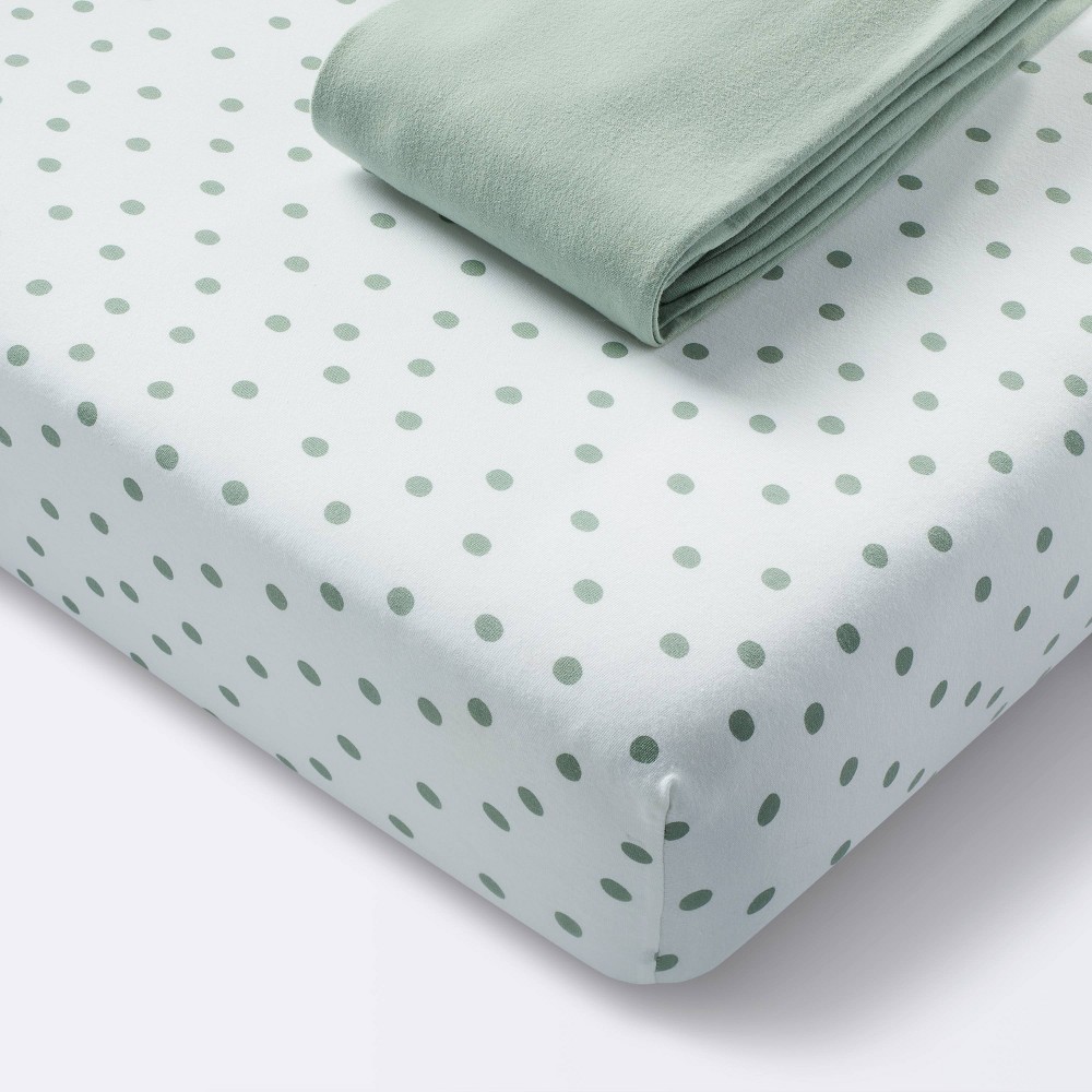 Photos - Bed Linen Jersey Fitted Crib Sheet - Dots and Solid Sage - 2pk - Cloud Island™