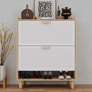 Mshliw 31.5 Inch Nordic Style Shoe Storage Cabinet with 2 Flip Drawers Freestanding Narrow Shoe Rack with Solid Wood Legs for Entryway - 1 of 4