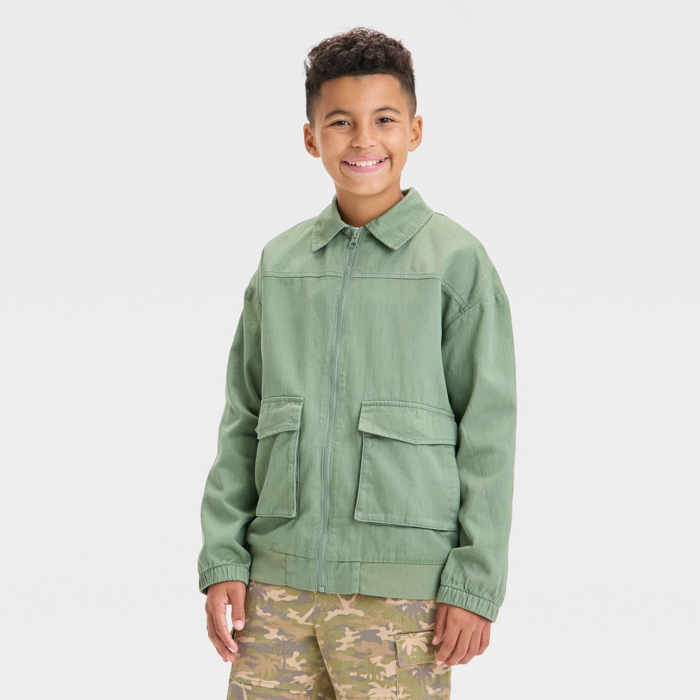 Boys' Utility Jacket - art class™ Sage XS: Cotton Twill, Collared, Front & Side Pockets, Turnback Cuff