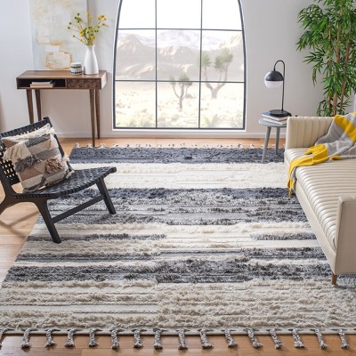 Ivory and Gray Hand-Knotted Wool Striped 9' x 12' Rug