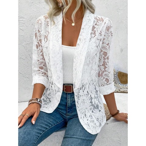 Женские кардиганы YesFashion Women’s Long Sleeve Floral Lace Open Front Blazer Jacket Sheer Lapel Collar Lightweight Cardigan Outerwear Casual Cover Up,S,White