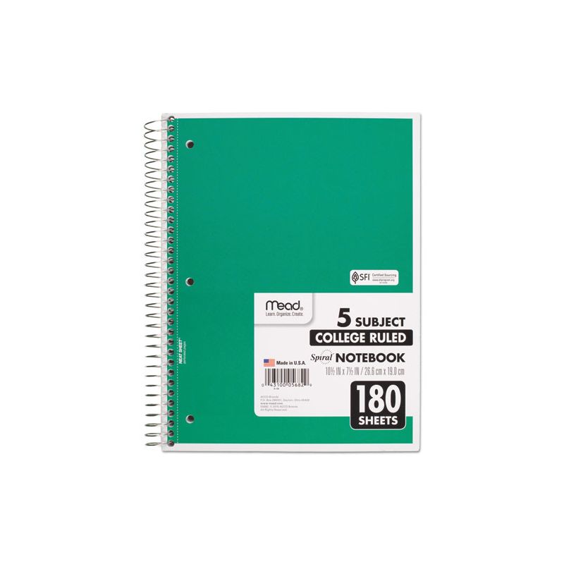 Mead Spiral Notebook, 5-Subject, Medium/College Rule, Randomly Assorted Cover Color, (180) 10.5 x 8 Sheets, 3 of 7