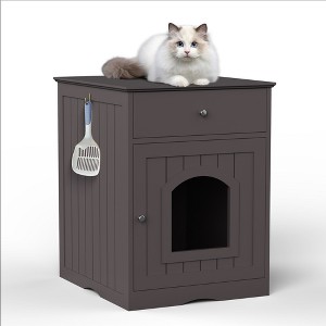 APRILSOUL Brown Wooden Pet House Cat Litter Box Enclosure with Drawer and Side Table, Indoor Pet Crate, Cat Home Nightstand - 1 of 4