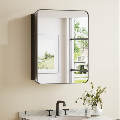 Keonjinn Metal Framed Black Rectangular Framed Recessed/Surface Mount Medicine Cabinet with Mirror,Black,21"x27"