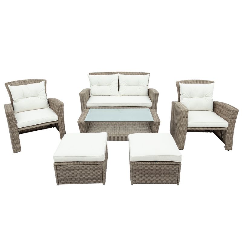 Eden 6 Piece Outdoor Conversation Set All Weather Wicker Sectional Sofa with Ottoman and Cushions Patio Furniture Set-Maison Boucle, 3 of 12