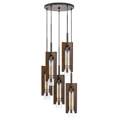 (19.5" x 149.5") 5 Light Metal and Wood Almeria Pendant with Clear Glass Shade Brown - Cal Lighting