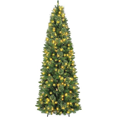 Vivatrees 7.5 Ft Prelit Pencil Christmas Tree with Warm White Lights, Metal Stand, Hinged Branches, Realistic Xmas Tree for Holiday Decor, Green