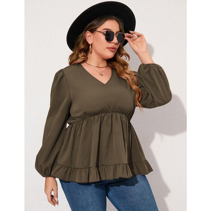 WhizMax Women's Plus Size Blouses Casual V Neck Babydoll Tunic Puff Long Sleeve Chiffon Tops A Line Shirts, 5 of 8