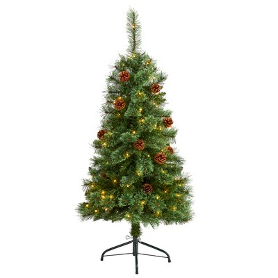 Nearly Natural 4-ft White Mountain Pine Artificial Christmas Tree with 100 Clear LED Lights and Pine Cones