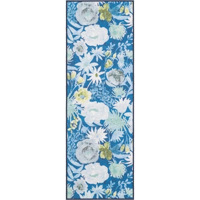 Navy Blue Floral Synthetic Outdoor Runner Rug