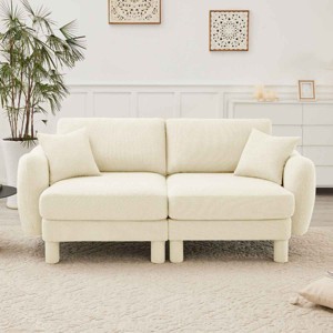2-Seater Loveseat Sofa with Pillows, Sofa with Shell-Shaped Armrests and Cylindrical Legs, Boucle Fabric Sofa with Wood Frame-Coolbibila - 1 of 4