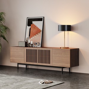 POVISON Mid-Century Modern TV Stand, Minimalist Wood Media Console with Slatted Cabinet, Tall-Cast Metal Legs, Walnut Veneer, 62.99" - 1 of 4