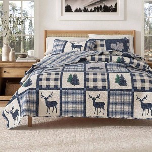 Bedspread Full/Queen Size Quilt with 2 Shams. Cabin 3 - Piece Reversible All Season Quilt Set. Rustic Quilt Coverlet Bed Set. Navy/Grey - 1 of 4