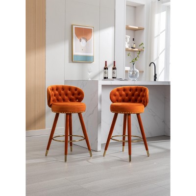 Grungis Velvet Bar Stools with Footrest Set of 2,Counter Stools with Tufted Backrest and Solid Wood Legs,Kitchen Chair for Kitchen Island