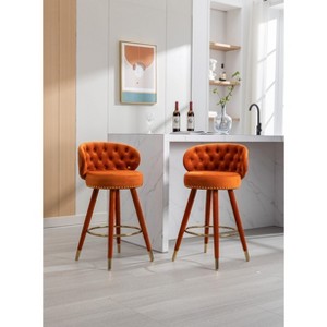 Grungis Velvet Bar Stools with Footrest Set of 2,Counter Stools with Tufted Backrest and Solid Wood Legs,Kitchen Chair for Kitchen Island - 1 of 4