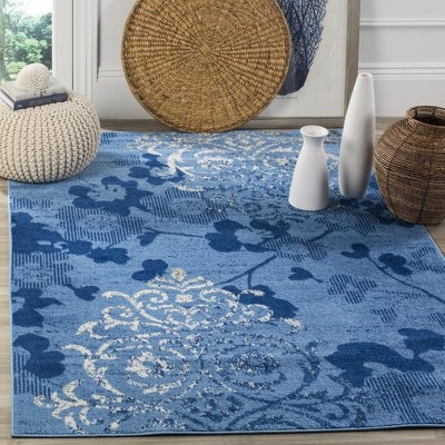 Adirondack Light Blue and Dark Blue Floral Area Rug, 6' x 9'