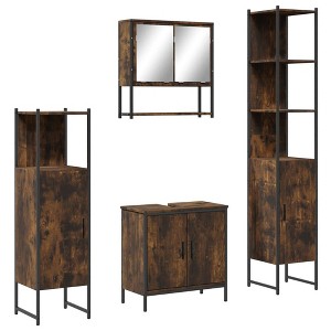 vidaXL 4-Piece Smoked Oak Bathroom Set - Engineered Wood Bathroom Furniture with Wall-Mounted Mirror/Sink Cabinets & Storage - 1 of 4