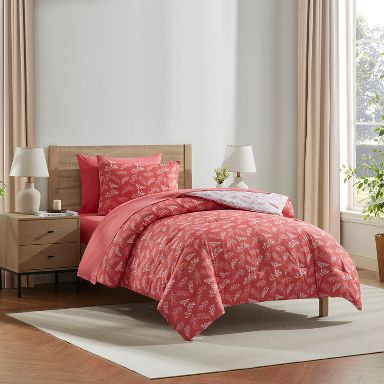 Empyrean PC Botanical Comforter Set with Sheets, Soft Breathable Lightweight Bedding Bag Flamingo Pink/Cloudstone Twin