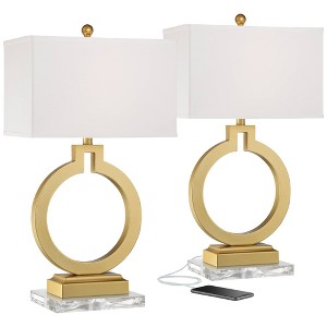 360 Lighting Lauren Modern Table Lamps Set of 2 with Clear Risers 28 1/2" Tall Gold USB Charging Port White Rectangular Shade for Bedroom Living Room - 1 of 4