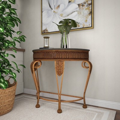 Gold Metal Demilune Console Table with Ornate Scroll Legs