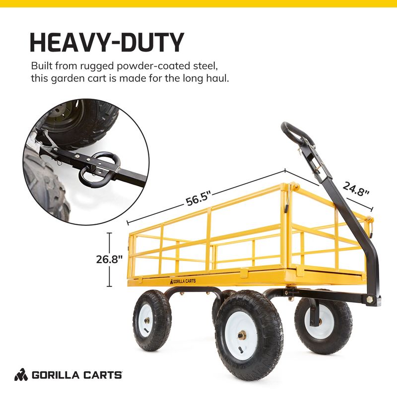 Gorilla Carts 1200lbs. Capacity Industrial Steel Utility Wagon with Removable Sides and 2 in 1 Handle for Towing - Yellow (GOR1201B), 5 of 8