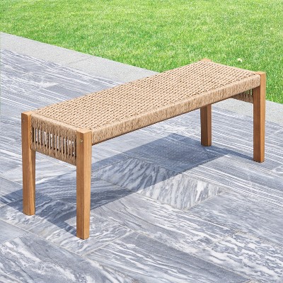 Golden Oak Acacia Wood Mixed Strapped Rattan Garden Bench