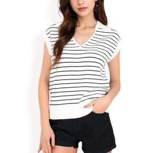 Anna-Kaci Women's Striped Knit Sleeveless Sweater Vest with Collared V-Neck - 1 of 4
