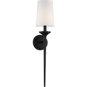 Regency Hill Ferris Modern Wall Light Sconce Black Hardwire 5 1/4" Fixture White Linen Cylinder Shade for Bedroom Reading Living Room Hallway House - 1 of 4