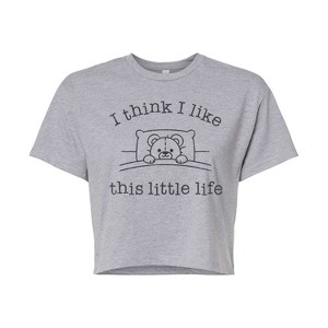 Women's - Instant Message - I Think I Like This Little Life Bear In Bed Cropped Graphic T-Shirt - 1 of 4