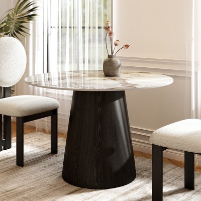 43" Modern Round Pedestal Dining Table with Faux Marble Top & Black Solid Wood Base, Small Kitchen Table for 4 People–The Pop Home