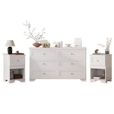 3-Pieces Bedroom Dresser Night Stand Set, 6-Drawer Dresser and 2 Nightstands with Metal Handles, Elegant Design and Retro Style,White