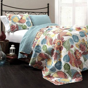 Quilt Floral Leaf Print 3 - Piece Reversible Bedding Set, King, Orange Blue - 1 of 4