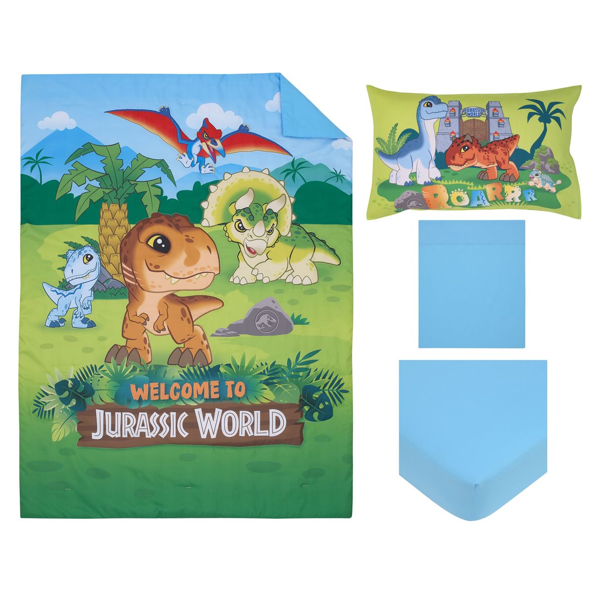 Universal Jurassic World Explorers Welcome to Jurassic World, Green, Blue, and Tan Dinosaur 4 Piece Toddler Bed Set - thumbnail 8