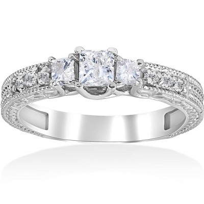 Pompeii3 3/4ct Vintage Diamond 3 Stone Engagement Ring 14K White Gold