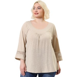 Agnes Orinda Women's Plus Size Plain Cut-Out Gathered Patchwork Long Sleeve T-Shirt - 1 of 4