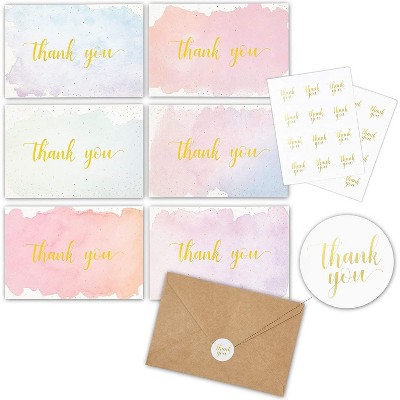 Set of 48 Watercolor Thank You Cards with Gold Foil Print, Stickers & Kraft Envelopes Included, 4x6 inches