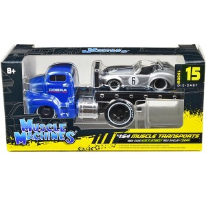 1950 Ford COE Flatbed Truck Blue & 1964 Shelby Cobra #6 Silver Metallic with Stripes 1/64 Diecast Model Cars by Muscle Machines - 1 of 3