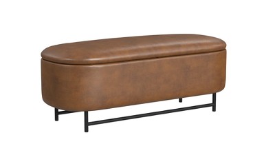 Brown Faux Leather Ellipse Storage Bench with Metal Legs