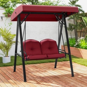 Costway 2-Person Outdoor Porch Swing Swing Loveseat with A-Shaped Metal Stand Beige/Wine/Navy/Gray/Brown - 1 of 4
