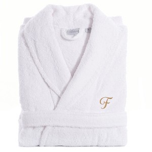 Linum Home Textiles 100% Turkish Cotton Unisex Personalized Terry Bathrobe White in Gold Script Font - 1 of 2