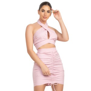 Slickblue Cross Halter Top & Ruched Skirt Set, Open Back & Button Detail, Cocktail Outfit, Color Options, Sizes S-L - 1 of 4