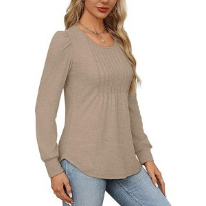 Long Puff Sleeve Shirts for Women Pleated Crew Neck Tunic Tops Blouses 2025 Fashion Dressy Casual Fall Tops - 1 of 4