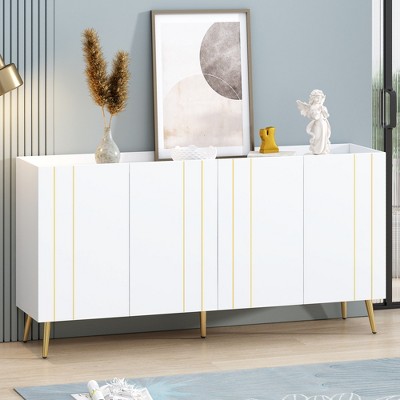 63" Buffet Cabinet with Storage with 5 Metal Legs, Sideboard Cabinet with 4 Adjustable Shelves and Gold Lines Doors