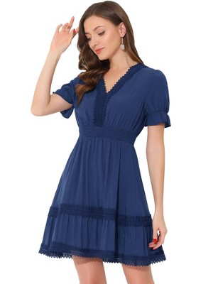 INSPIRE CHIC Women's V Neck Smocked Elastic Waist Short Sleeve Boho Crochet Trim Mini Dress